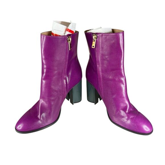 Coach Purple Leather Ankle Boots C Heel Block Zip Booties Size 7.5 - Picture 5 of 9